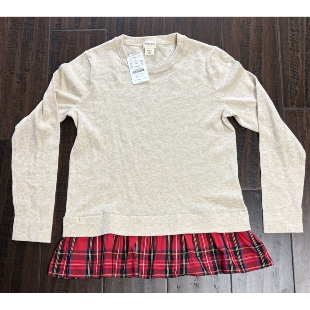 J Crew Cuts Sweater Girls 8 Beige Red Plaid Ruffle Holiday Christmas NEW
